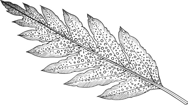 Vintage Style Black and White Botanical Illustration of a Fern Leaf with Spores, Detailed Hand-Drawn Engraving