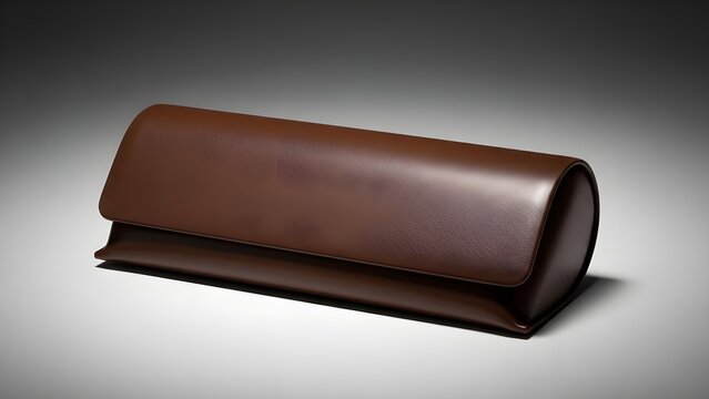 Elegant brown leather glasses case with textured finish, closed and resting on a subtle gradient background, perfect for optical accessories or luxury packaging concepts