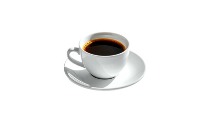 Obraz premium White ceramic cup of dark coffee on matching saucer against a stark black background