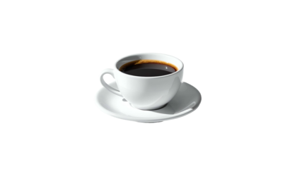Isolated, crisp shot of a full cup of dark coffee on a saucer, brightened for visual appeal