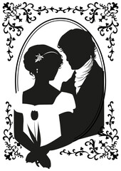 Victorian Romantic Couple Silhouette in Ornate Oval Frame Isolated on white background. Classic figures standing together for historical themes, literature, romance and vintage design