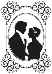 Victorian Romantic Couple Silhouette in Ornate Oval Frame Isolated on white background. Classic figures standing together for historical themes, literature, romance and vintage design