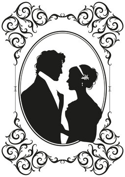 Victorian Romantic Couple Silhouette in Ornate Oval Frame Isolated on white background. Classic figures standing together for historical themes, literature, romance and vintage design