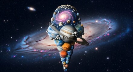 Fototapeta premium Cosmic ice cream cone made of planets and galaxies in deep space
