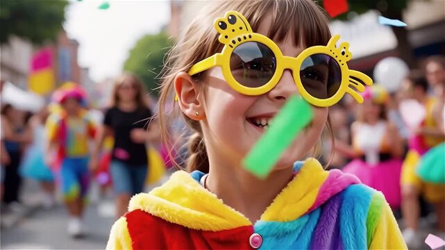 Festive Child: Girl Smiling with Funky Sunglasses - Joyful Celebration and Colorful Carnival Atmosphere.



