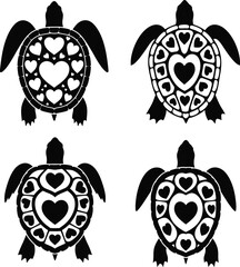 Stylized Sea Turtle Silhouettes with Heart Shell Patterns - Cute Marine Love Graphic Set