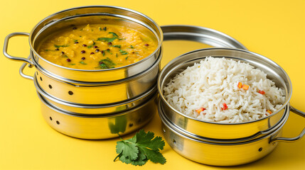 Stainless steel Indian tiffin featuring moong dal and white rice on a yellow background.