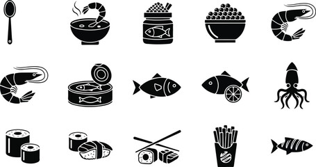 Minimalist Seafood Icons Silhouette Pack Vector