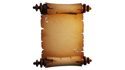 Old parchment scroll PNG isolated on transparent background, antique paper with wooden handles for historical documents and fantasy maps