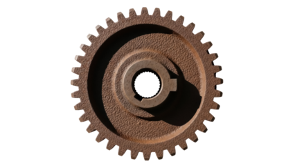 Rusty brown gear wheel isolated PNG on transparent background, cogwheel machinery part for engineering and mechanical design