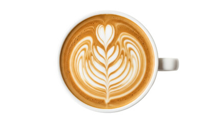 Latte art in a white cup isolated on transparent background, coffee drink with beautiful foam pattern for cafe menu and design