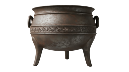 Antique bronze cauldron PNG isolated on transparent background, vintage cooking pot with handles and legs for historical reenactment