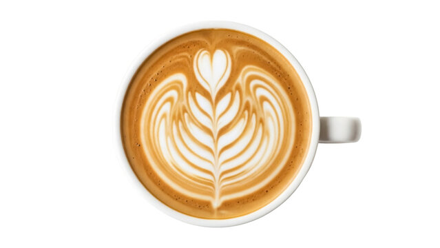 Latte art in a white cup isolated on transparent background, coffee drink with beautiful foam pattern for cafe menu and design