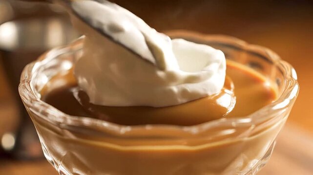 Velvety butterscotch pudding being spooned into glass dessert dish with cream