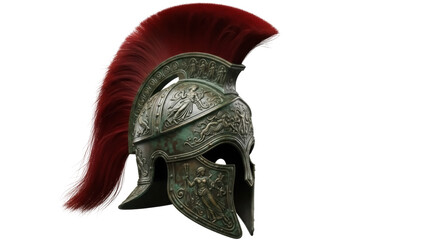 Ornate bronze Spartan helmet with red plume isolated PNG, ancient Greek warrior head protection on transparent background
