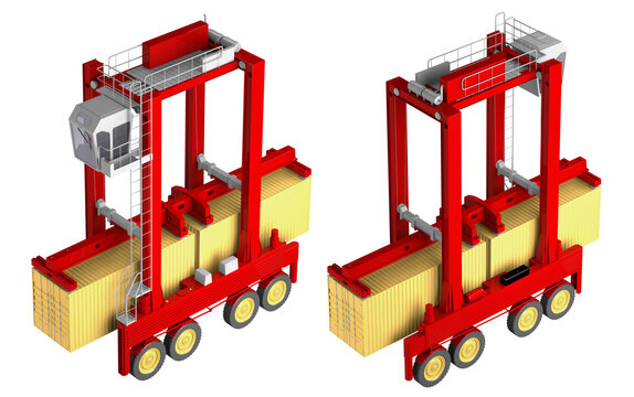 Dual views of a red straddle carrier transporting a yellow shipping container, heavy duty terminal machinery for intermodal freight handling, 3d rendering.
