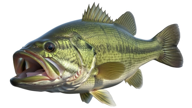Largemouth bass fish isolated PNG on transparent background, freshwater gamefish with green and black markings for fishing and wildlife designs