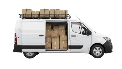 Delivery van with open door and cardboard boxes isolated PNG, cargo transportation and shipping service on transparent background