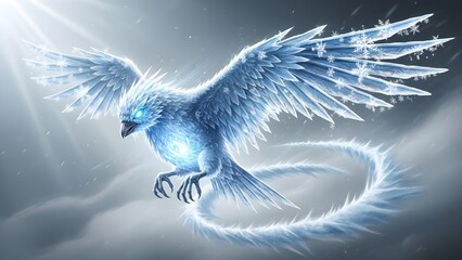 Magical ice bird phoenix spirit flying through snowy sky with glowing wings and tail