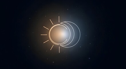 Stylized sun and moon icon on a dark cosmic background with stars