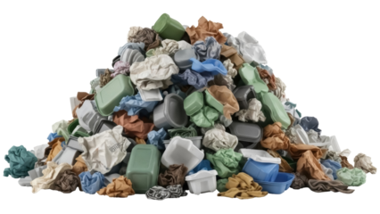 Pile of colorful trash isolated PNG, heap of discarded waste on transparent background, garbage assortment for recycling and environmental awareness