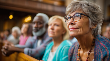 Obraz premium Diverse adults in church pews listening, Sunday sermon attendance, worship service gathering, sanctuary spiritual community, engaged congregation members, with copy space