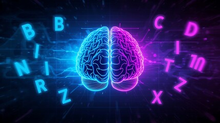 Futuristic Neon Brain with Floating Data Symbols on Dark Background
