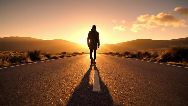Silhouette man walking alone on empty road at sunrise symbolizing journey freedom and purpose