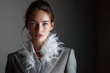 Fashion portrait of a modern model wearing a tailored blazer decorated with delicate white feathers along the lapels, urban studio lighting