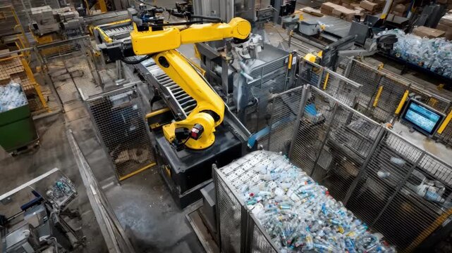 Medium shot of hightech robotic sorting system using AI technology to classify and organize plastics and metals for improved recycling processing