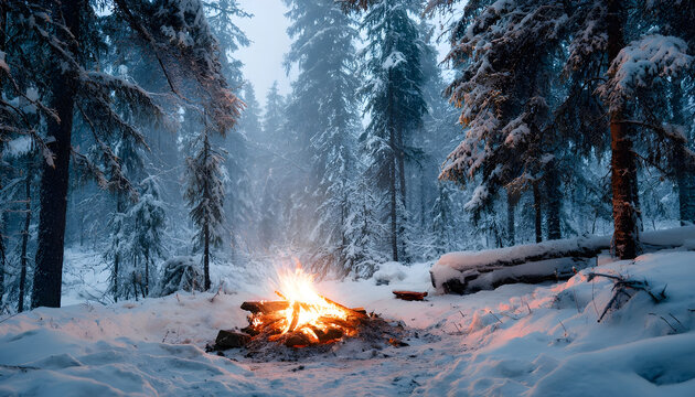 a fire of wood burning in the middle of a heavily snow-covered forest