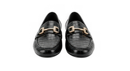 Black crocodile loafers with gold buckle on  isolated on transparent background.