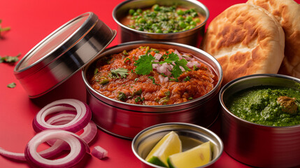 Vibrant Street-Style Indian tiffin with Pav Bhaji.