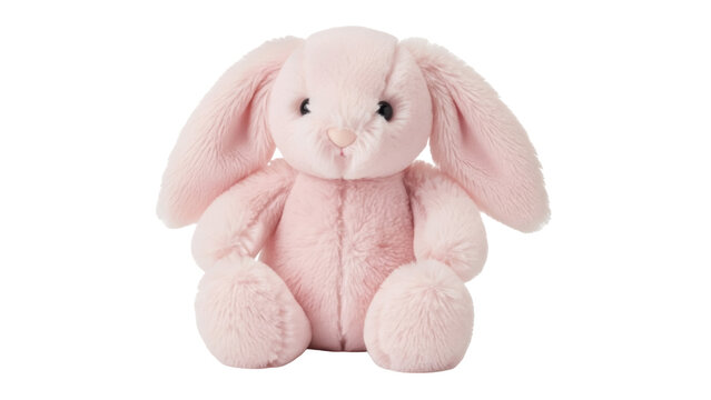 Adorable pink bunny plush toy PNG isolated on transparent background, soft stuffed animal for kids and baby room decor