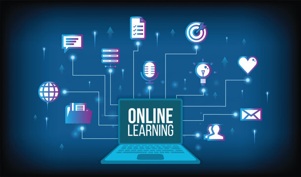 Online learning platform with digital icons and laptop