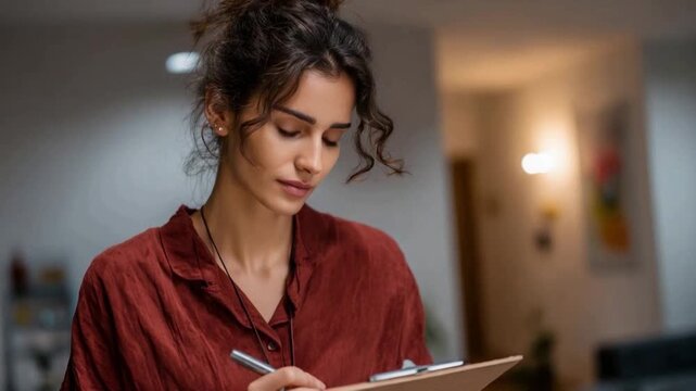 Focused and Determined: A woman engrossed in taking notes, pen in hand, focused, embodying diligence and attention to detail.