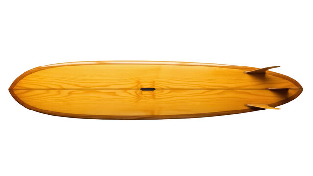 Classic wooden surfboard with three fins isolated PNG, vintage style surfboard for surfing and water sports enthusiasts on transparent background