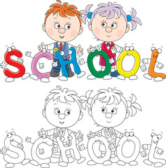 Little schoolboy, schoolgirl and funny cartoony letters in the word school, color and black-and white vector cartoon illustrations