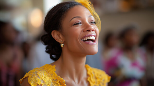 Beautiful woman in yellow dress, Christian gospel singers in church, praising Lord Jesus Christ, worship performance moment, with copy space