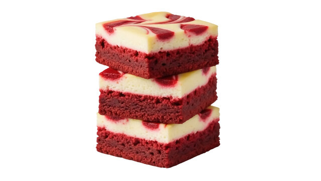 Stack of three red velvet cheesecake brownies isolated PNG, delicious dessert with cream cheese swirl on transparent background
