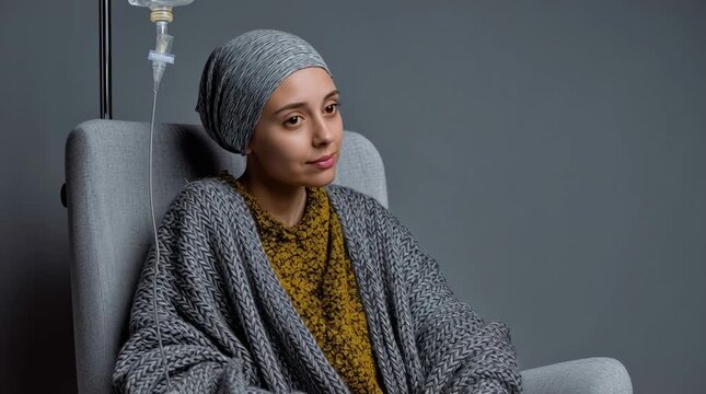 Adult female cancer patient undergoing chemotherapy infusion, realistic oncology treatment environment and medical recovery video scene