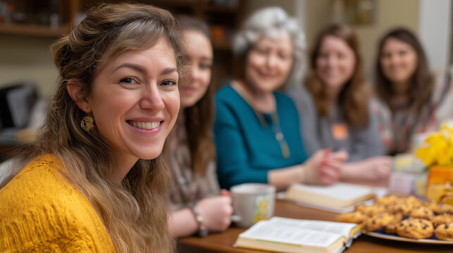 Women gathered at table for Bible study, tea and cookies present, group discussion atmosphere, scripture reading session, friendship and fellowship moment, home faith gathering, wi