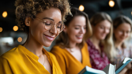 Diverse women's Bible study group reading together, scripture examination session, female faith community, collaborative spiritual learning, defocused home setting, with copy space