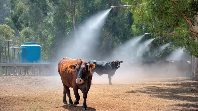 Medium shot capturing misting systems spraying fine water droplets over cattle demonstrating effective evaporative cooling to reduce body temperature.
