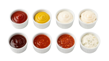 Assortment of dipping sauces in ramekins isolated on transparent background, ketchup mustard mayonnaise BBQ sweet chili tartar PNG