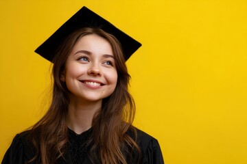 Young Ukrainian woman smiles brightly after graduation against a cheerful yellow background, celebrating a significant achievement in her educational journey