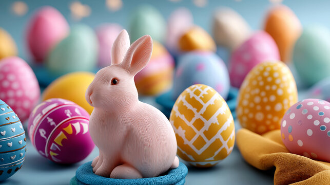 Colorful Easter eggs 3D illustration, bunny egg centerpiece, various patterns and pastels, decorated holiday symbols, festive arrangement display, with copy space - Powered by Adobe