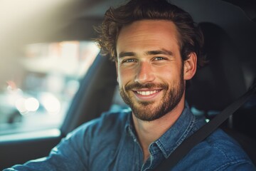 Happy man enjoying a drive in his car with seatbelt on while smiling and feeling safe