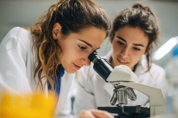 Young female researchers collaborate and analyze samples using a microscope in a modern laboratory setting during a lively science session