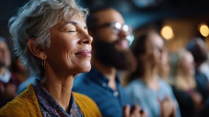 Obraz premium Diverse people praying with closed eyes, multicultural prayer group sharing faith, unity and spirituality concept, meditation gathering moment, defocused participants, with copy sp